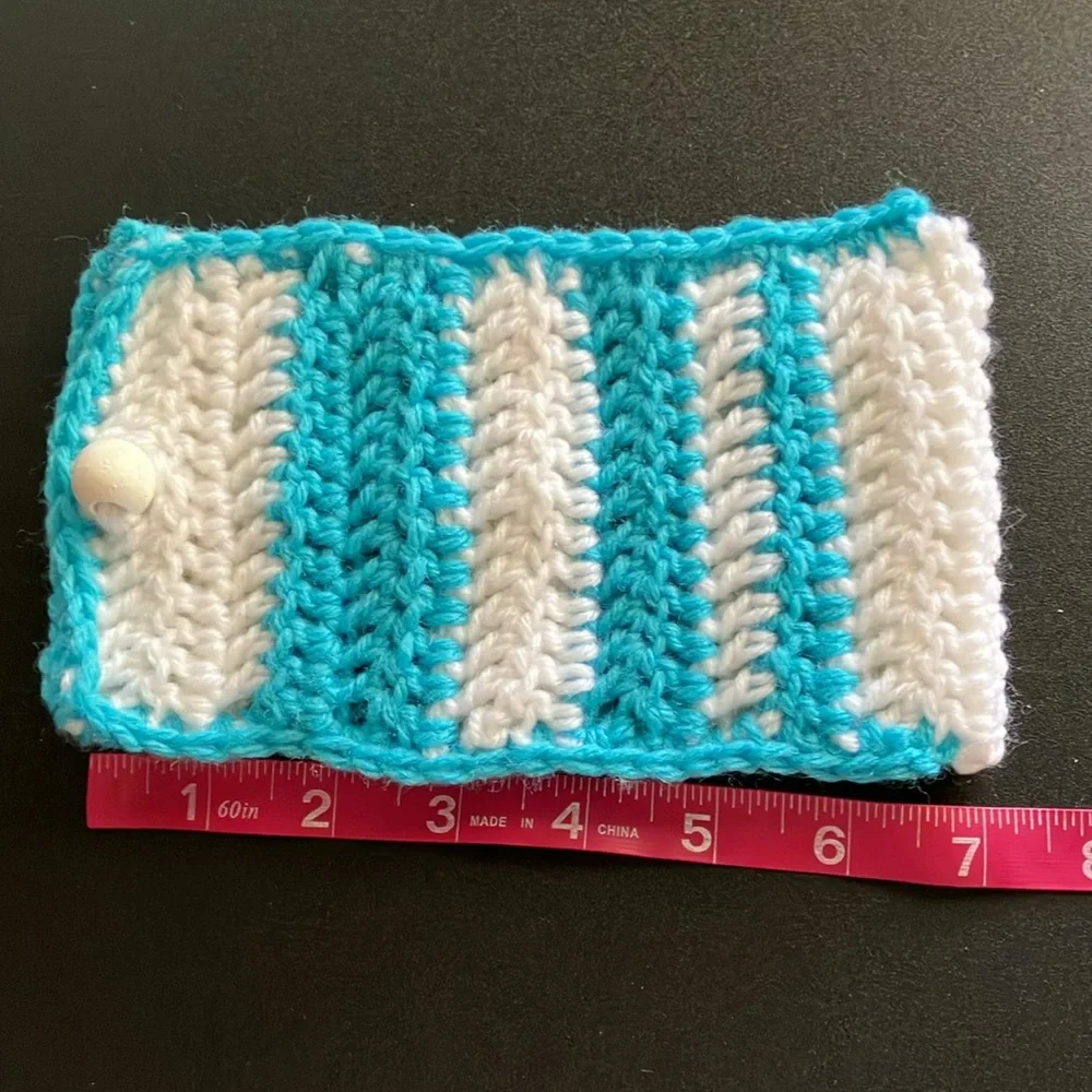Handmade Crochet Cell Phone Holder Pouch Eyeglass Case Blue White Striped Yarn